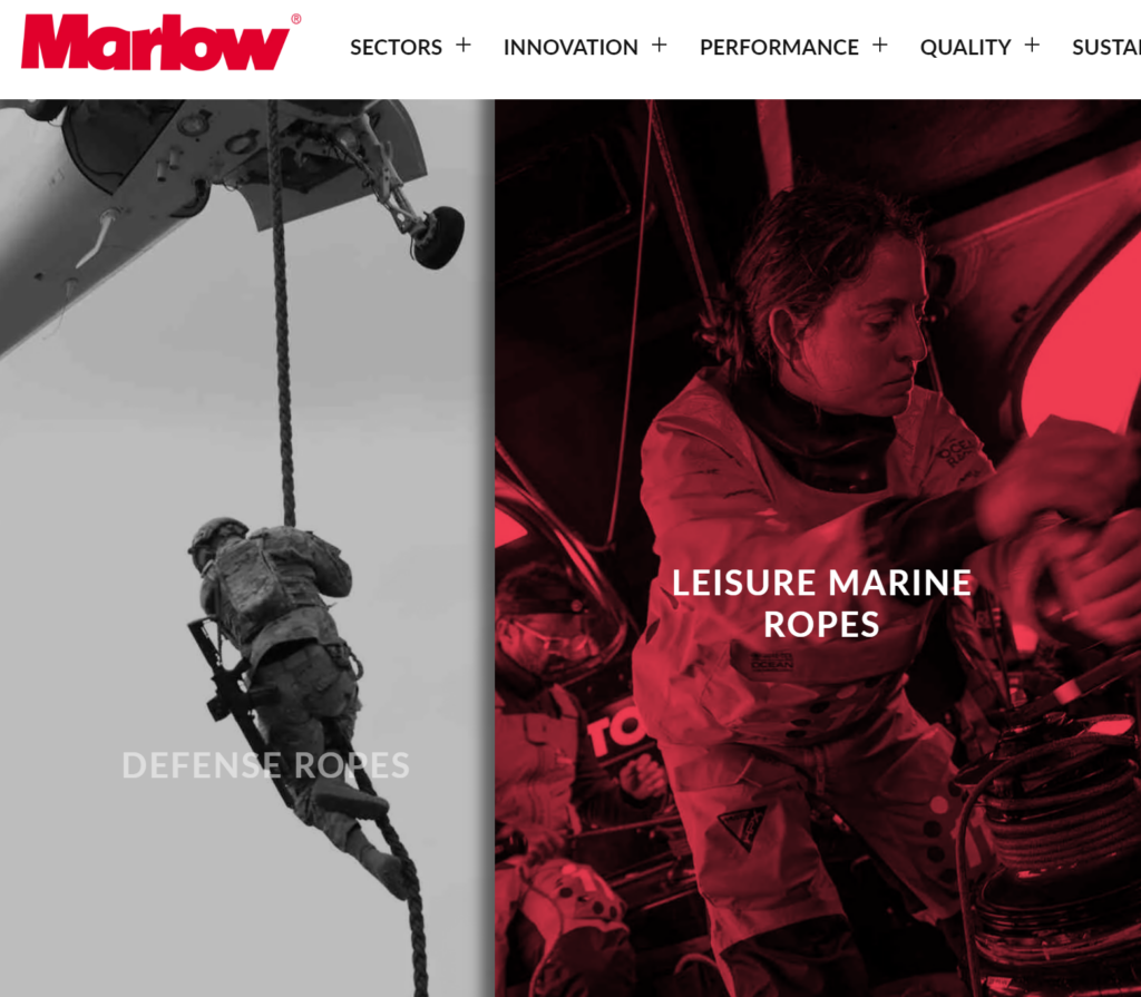 Split-screen image: left side shows a soldier descending from a helicopter on a rope labeled 'DEFENSE ROPES'; right side shows a person handling ropes on a sailboat labeled 'LEISURE MARINE ROPES.' Marlow logo appears at the top.