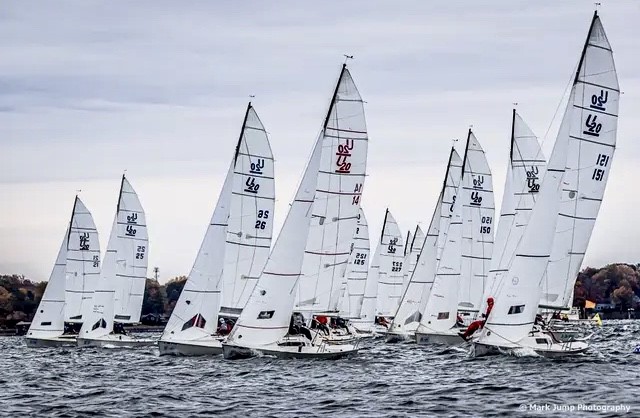 A fleet of white sailboats with tall sails numbered '420' compete on a body of water under a cloudy sky, with a shoreline and trees visible in the background.