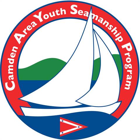 Logo featuring a white sailboat on blue water with green hills in the background, encircled by a red ring that reads 'Camden Area Youth Seamanship Program.' A small red and blue pennant flag is at the bottom.
