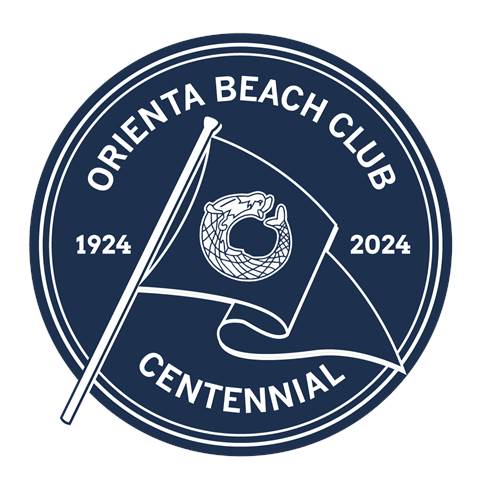 Dark blue and white round logo for Orienta Beach Club Centennial, featuring a waving flag with a mermaid emblem. Text reads 'Orienta Beach Club 1924 2024 Centennial' around the border.