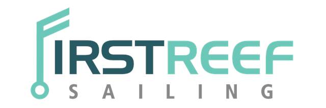 Logo for 'First Reef Sailing' with stylized text. The 'F' in 'First' features a unique design resembling a sailboat mast and boom, and 'Sailing' is written in spaced-out letters below 'First Reef.