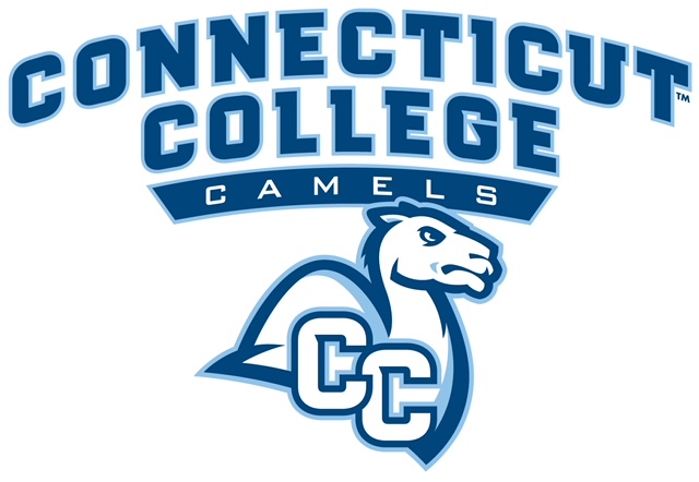 Logo of Connecticut College Camels featuring bold blue text and a stylized camel head with 'CC' overlapping in the foreground.