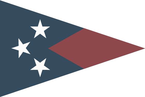 A triangular pennant flag with a dark blue left half featuring three white stars and a maroon right half.
