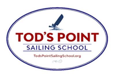 Oval logo for Tod’s Point Sailing School with a small sailboat graphic above the school name and the website TodsPointSailingSchool.org below, all inside a blue-bordered oval.