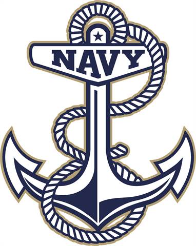 A navy blue anchor with a rope wrapped around it. The word 'NAVY' is written across the top part of the anchor in bold capital letters.