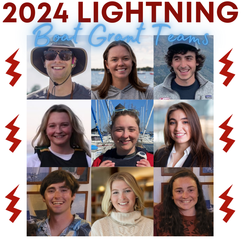 A collage of eight smiling young adults, four men and four women, under the heading "2024 Lightning Boat Grant Teams" with red lightning bolt icons on the sides.