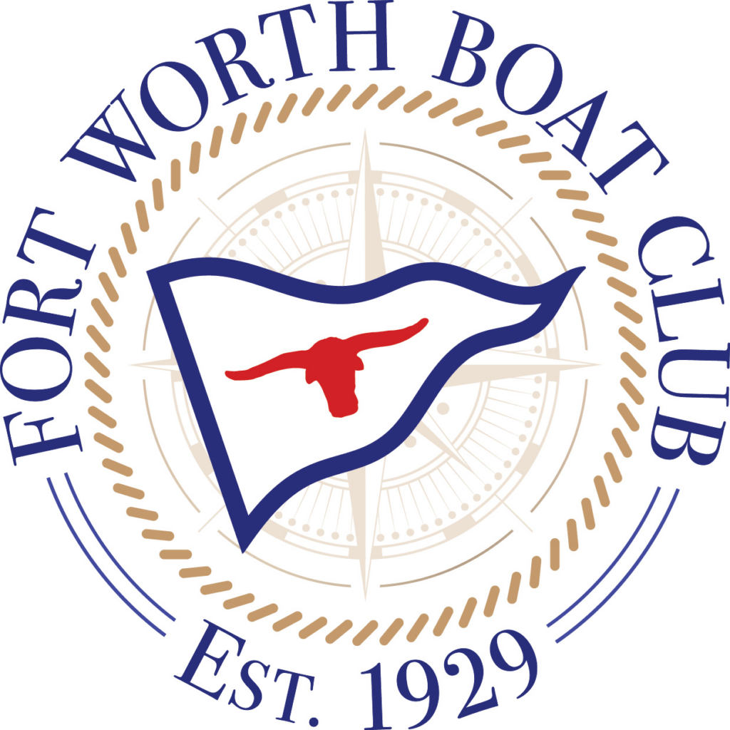 Logo of Fort Worth Boat Club featuring a white flag with a red longhorn head, bordered in blue, over a compass rose. 'FORT WORTH BOAT CLUB' and 'Est. 1929' encircle the design in blue text.