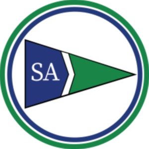 A triangular green and blue pennant with the letters "SA" in white on the blue section, centered inside a white circle outlined by blue and green rings.