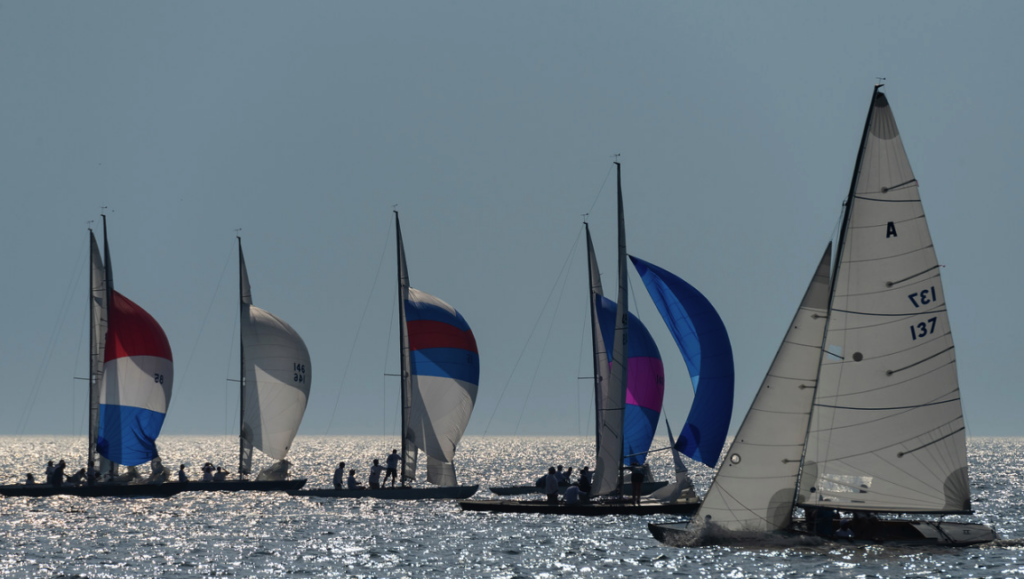 Several sailboats with colorful spinnakers glide across a sunlit, shimmering sea, with silhouettes of people visible on the boats and a soft, hazy sky in the background.