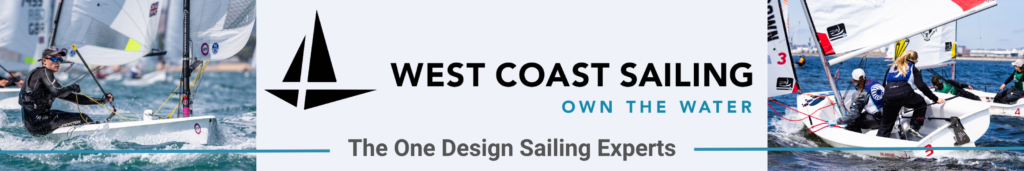 Banner showing people sailing small dinghies on the ocean, with the text “West Coast Sailing – Own The Water” and “The One Design Sailing Experts” alongside a sailboat logo in the center.