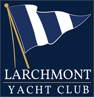 Logo of the Larchmont Yacht Club featuring a blue and white striped flag on a gold pole above the club’s name in white text on a dark blue background.