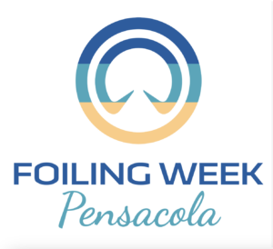 A circular blue, teal, and gold logo above the words "FOILING WEEK" in blue and "Pensacola" in teal cursive, all on a white background.