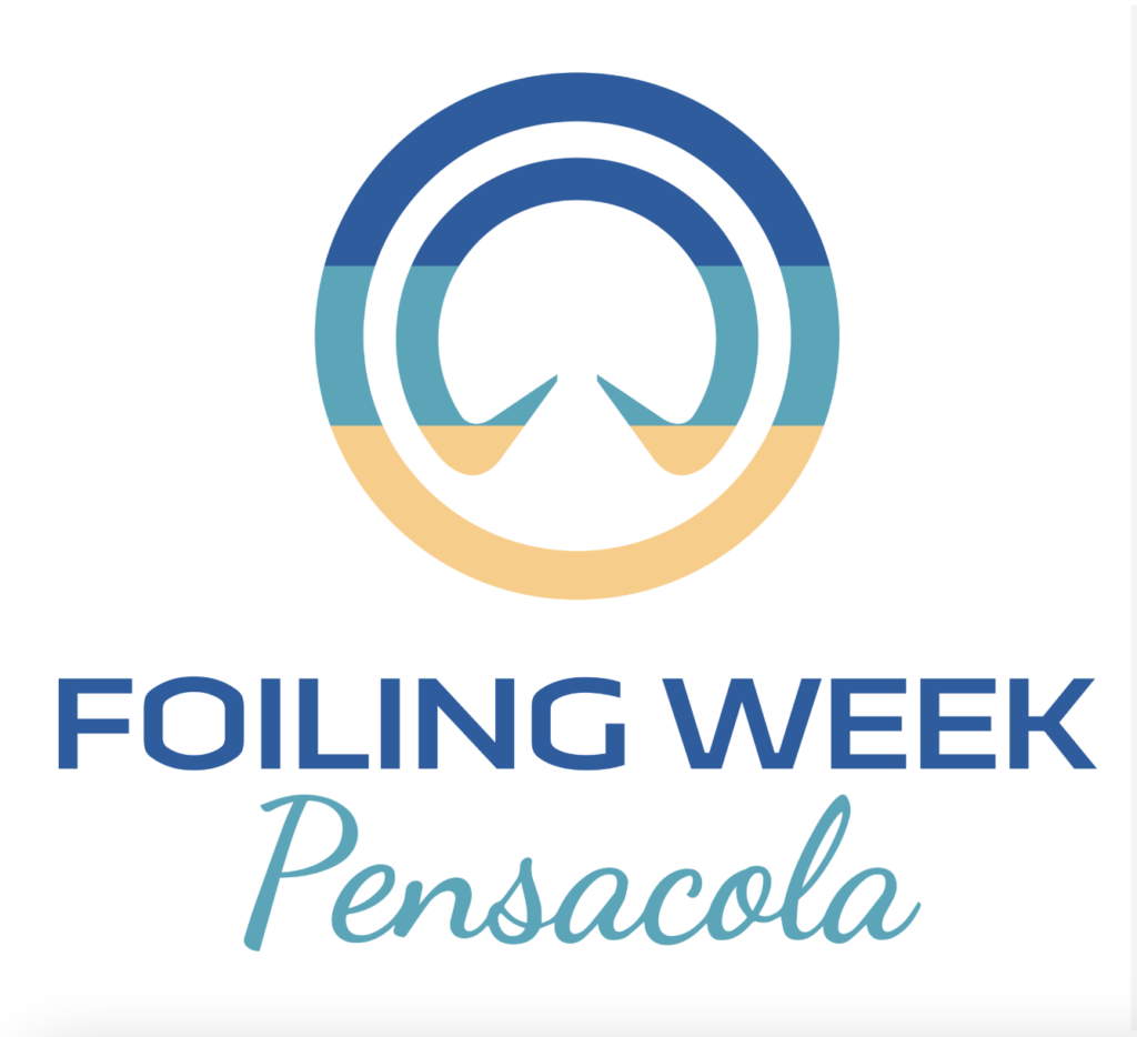 A circular blue, teal, and gold logo above the words 'FOILING WEEK' in blue and 'Pensacola' in teal cursive, all on a white background.