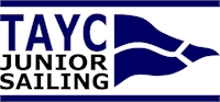 Logo for TAYC Junior Sailing featuring the text 'TAYC JUNIOR SAILING' and a stylized blue flag with two white stripes on a white background.