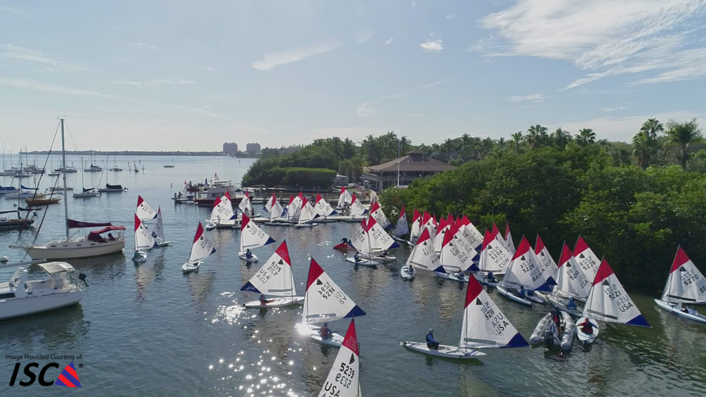 A large group of small sailboats with white sails, many accented with red and blue, gather near a marina surrounded by green trees and buildings, with other boats anchored in calm waters under a clear, sunny sky.