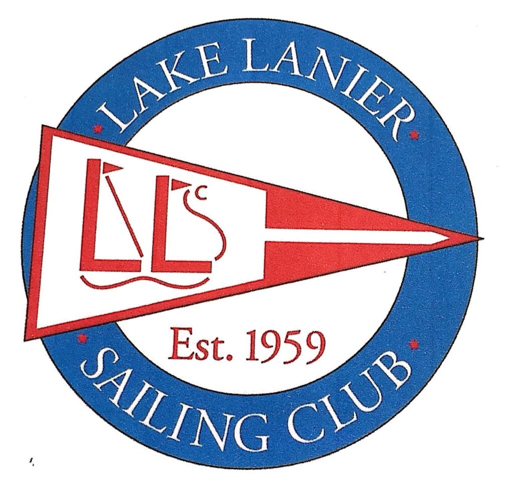 Circular Lake Lanier Sailing Club logo with a blue ring, white text, and a red and white pennant in the center. The pennant features stylized letters 'LLSC' and 'Est. 1959' below.