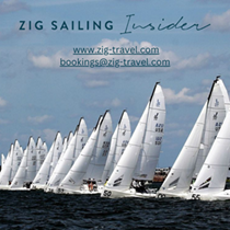 A fleet of white sailboats racing on the water under a blue sky with clouds. Text reads 'Zig Sailing Insider' with a website and email: www.zig-travel.com, bookings@zig-travel.com.
