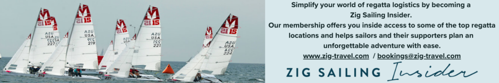 A row of sailboats racing on the water, each with white sails marked “USA.” Text on the right promotes Zig Sailing Insider, offering regatta logistics help and membership benefits, with website and email contact info.