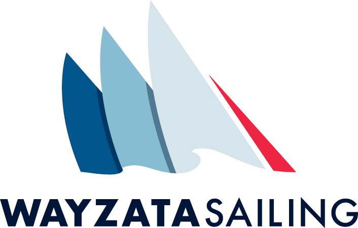 Logo for Wayzata Sailing featuring three stylized sail shapes in shades of blue and one in white with a red edge above the words 'WAYZATA SAILING' in bold, dark blue capital letters.