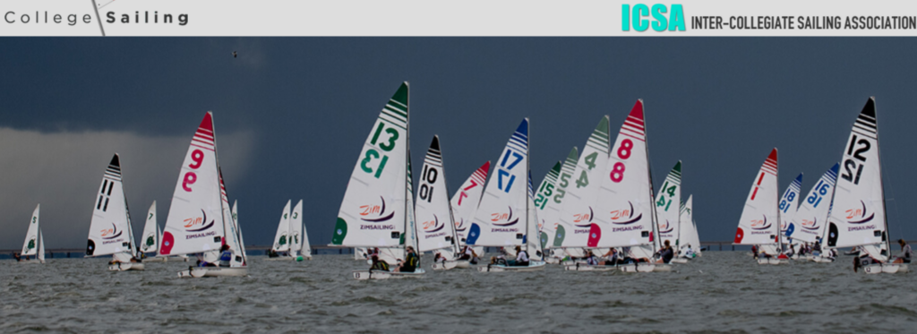 A large group of small sailboats with numbered sails race on open water under a cloudy sky. The image is branded with 'College Sailing' and 'ICSA Inter-Collegiate Sailing Association' logos at the top.
