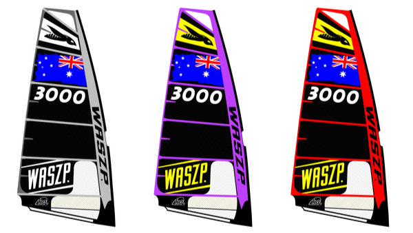 Three sail designs for a WASZP sailing boat are shown in black and white, purple, and red. Each sail features the Australian flag, the number 3000, and the yellow WASZP logo with a stylized black wasp.