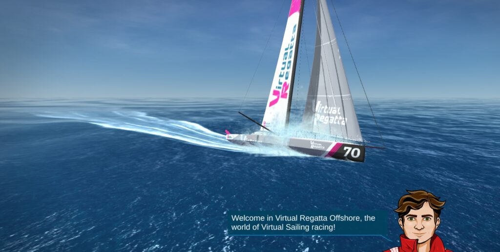 A virtual sailboat with 'Virtual Regatta' and the number 70 on its sail races across the ocean. A cartoon character at the bottom right welcomes players to Virtual Regatta Offshore, a virtual sailing game.