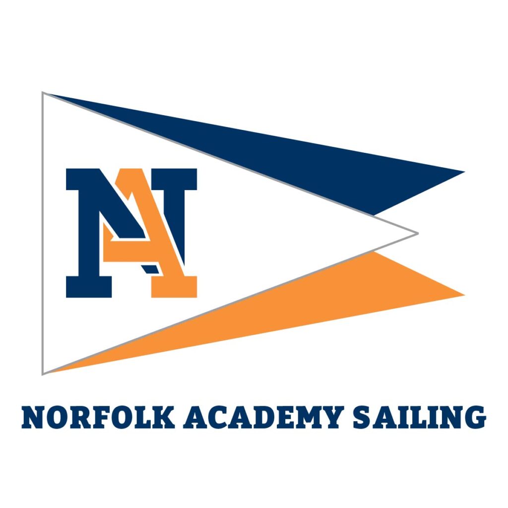 A nautical pennant with blue and orange triangles and the letters 'NA' in blue and orange. Below, bold blue text reads: 'Norfolk Academy Sailing.