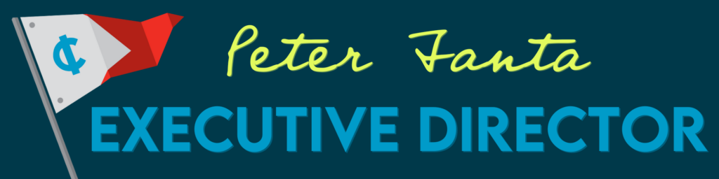 A graphic with a nautical flag on the left and the text 'Peter Fanta Executive Director' in yellow cursive and bold blue letters on a dark blue background.
