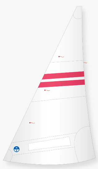 A white triangular sail with two horizontal pink stripes near the middle and a blue circular logo marked "NS" in the lower left corner. Red adjustment lines are attached to the sail.