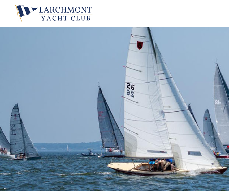 Sailboats racing on open water under a clear sky, with people onboard adjusting sails. The Larchmont Yacht Club logo is displayed at the top left of the image.