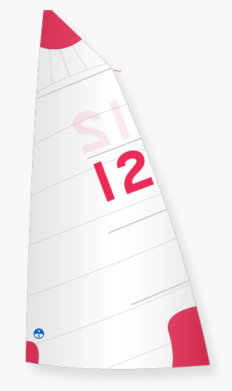A white sail with red markings, including the number "12" and partial letters "SI." Red patches are visible on the tip and bottom corner. A small blue and white logo is at the lower left corner.