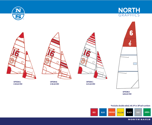 Four illustrated sail design options for sailboat number 16, with prices listed below each. Color-coded blocks for sail number colors (red, blue, orange, yellow, black, grey, green) are shown at the bottom.