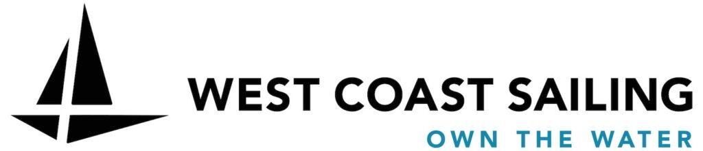 Logo for West Coast Sailing featuring a black sailboat icon on the left and the text "West Coast Sailing" in bold black letters, with "Own the Water" in blue underneath.
