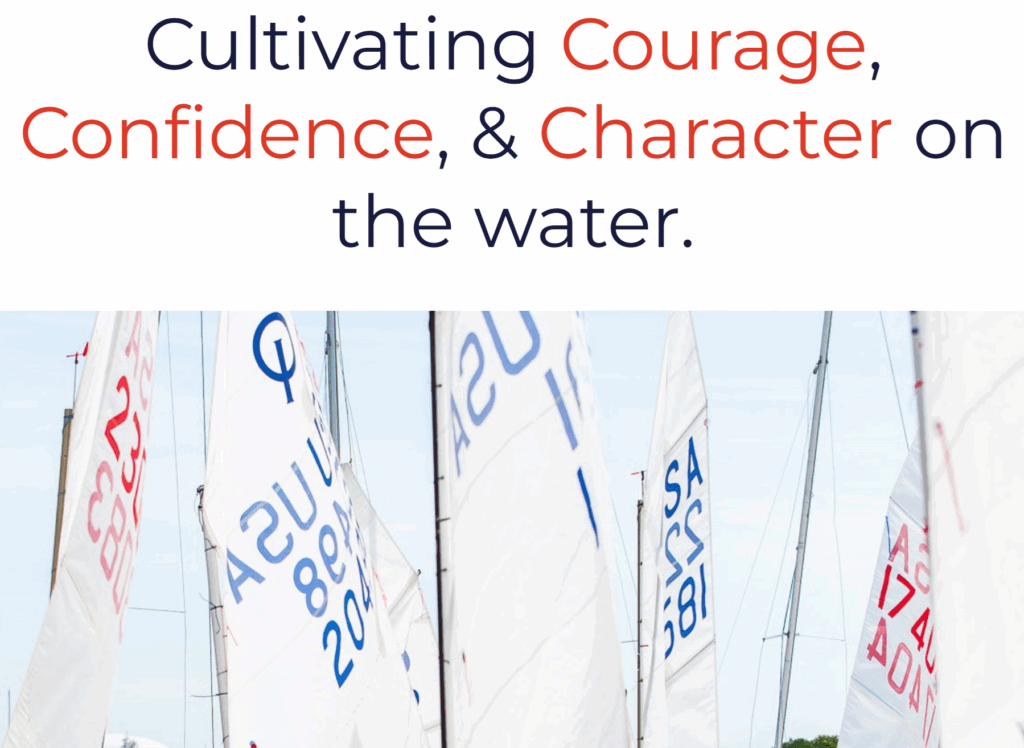 White sailboats with sails marked 'USA' and numbers are lined up on the water. Above, text reads 'Cultivating Courage, Confidence, & Character on the water' with 'Courage, Confidence, & Character' in orange.