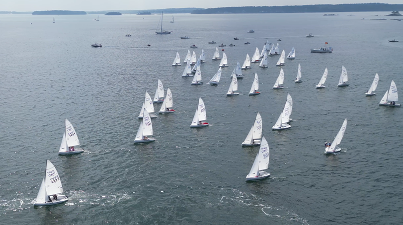 A large group of small sailboats with white sails race across a calm, open body of water, with several support boats and a distant shoreline visible in the background under a cloudy sky.
