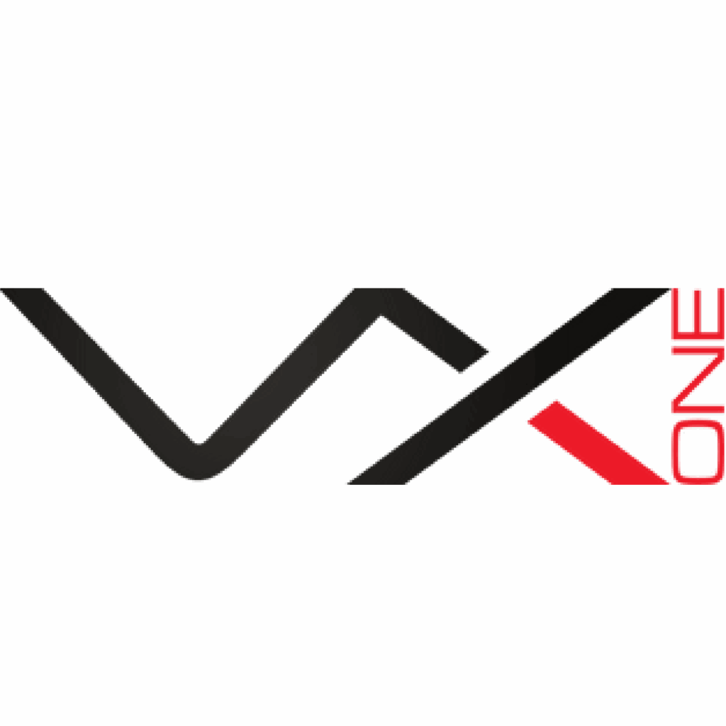 Logo featuring stylized black letters 'VX' with a red diagonal line forming part of the 'X' and the word 'ONE' written vertically in red on the right side.
