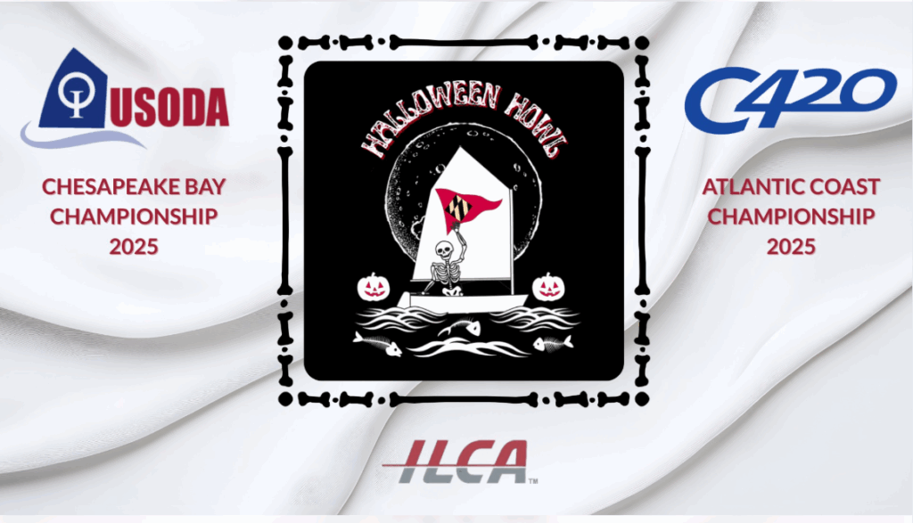 A Halloween-themed sailing event graphic with skeletons in a sailboat at the center, surrounded by USODA Chesapeake Bay Championship 2025 and C420 Atlantic Coast Championship 2025 logos. ILCA logo is at the bottom.