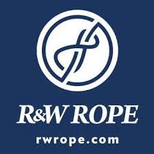White logo featuring a stylized rope knot inside a circle, with the text 'R&W ROPE' and 'rwrope.com' below it on a dark blue background.
