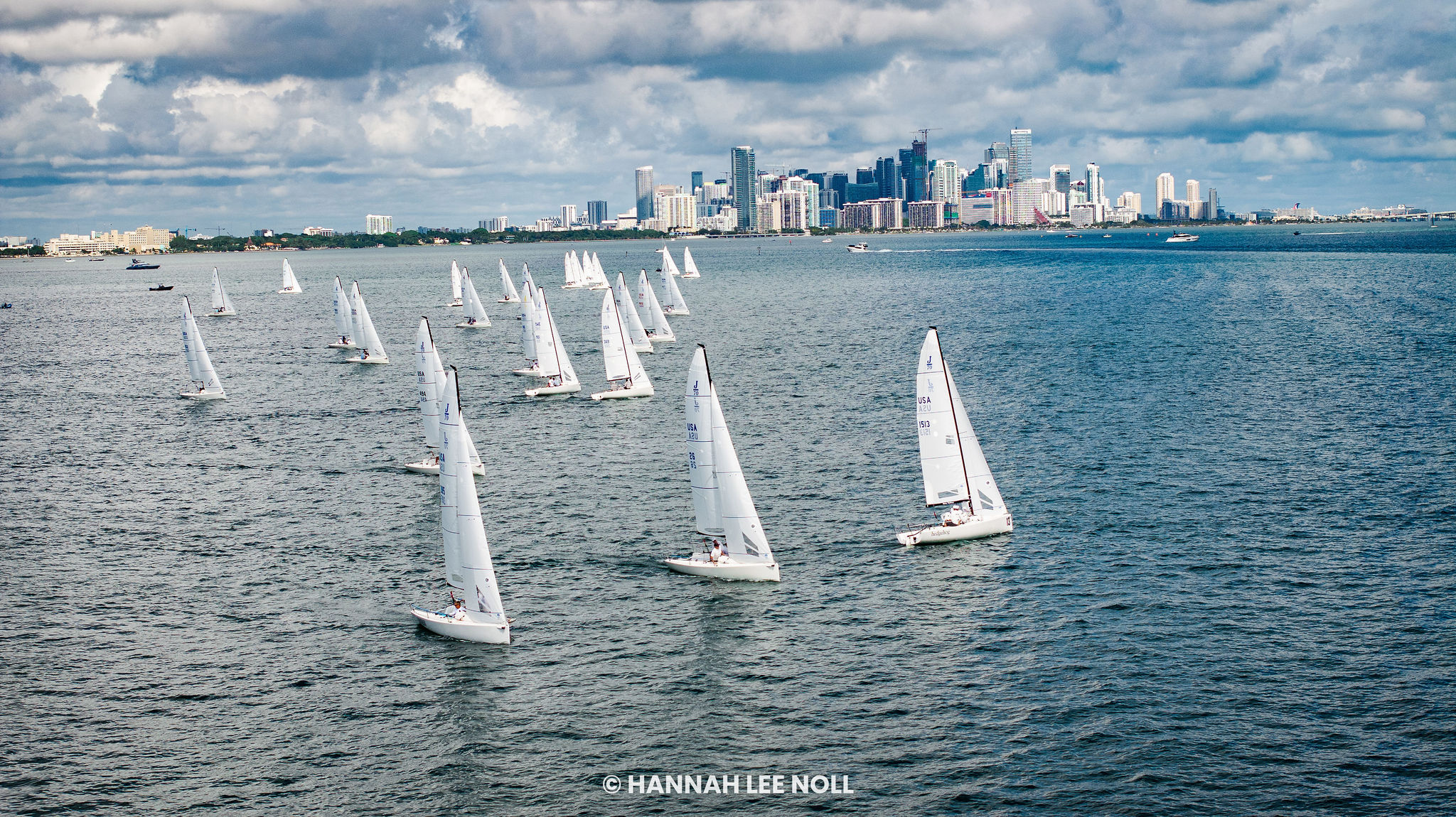 A fleet of white sailboats glides across blue water with a city skyline in the background under a partly cloudy sky. The words "© HANNAH LEE NOLL" appear at the bottom center of the image.