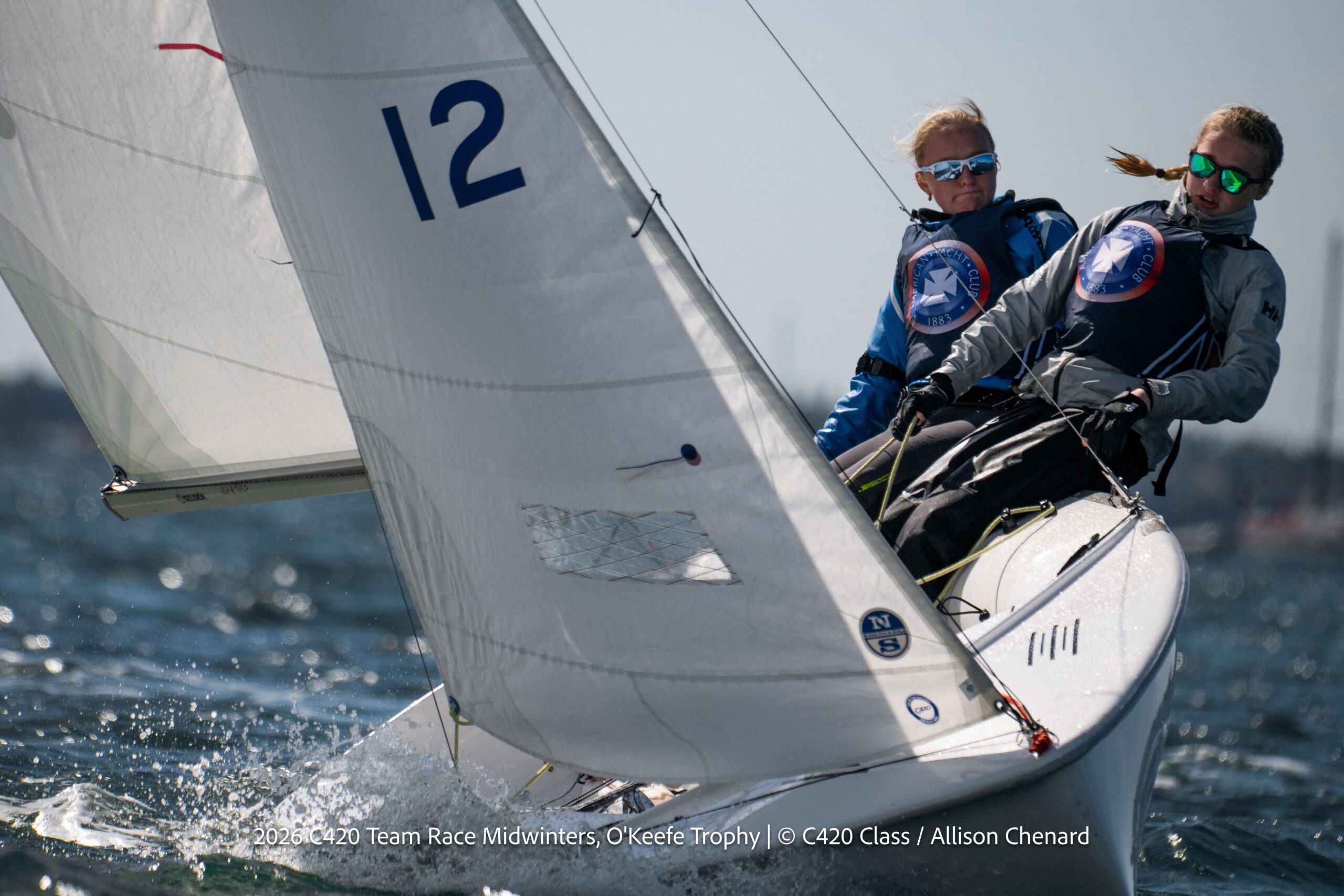 Two sailors in sunglasses and life jackets race a small sailboat numbered 12 on open water, leaning out over the edge as the boat tilts with the wind, under a clear sky.