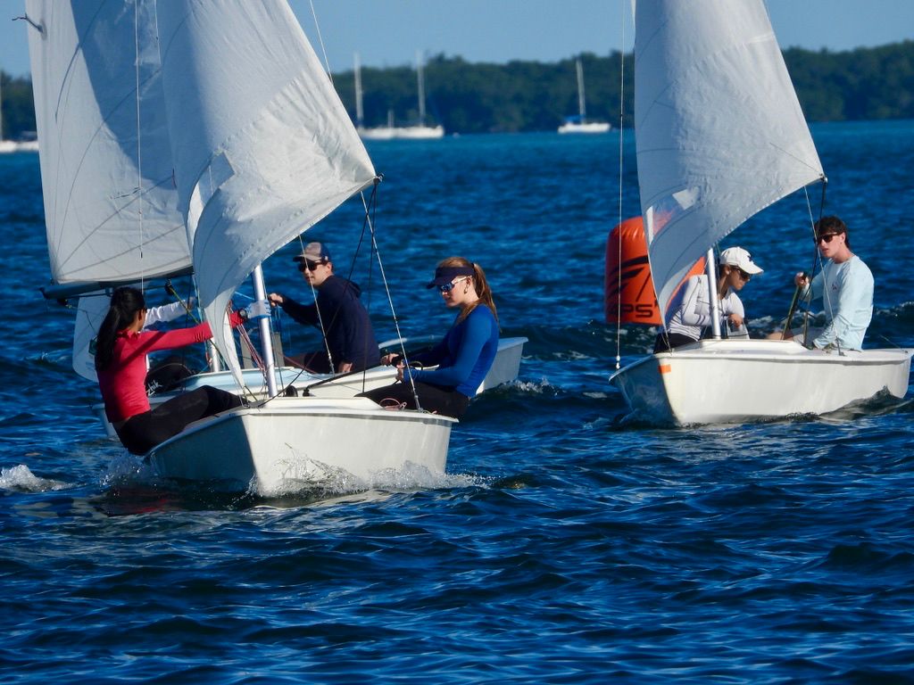 Two small sailboats with groups of people sailing on a blue lake, passing an orange buoy, with trees and distant sailboats in the background on a sunny day.