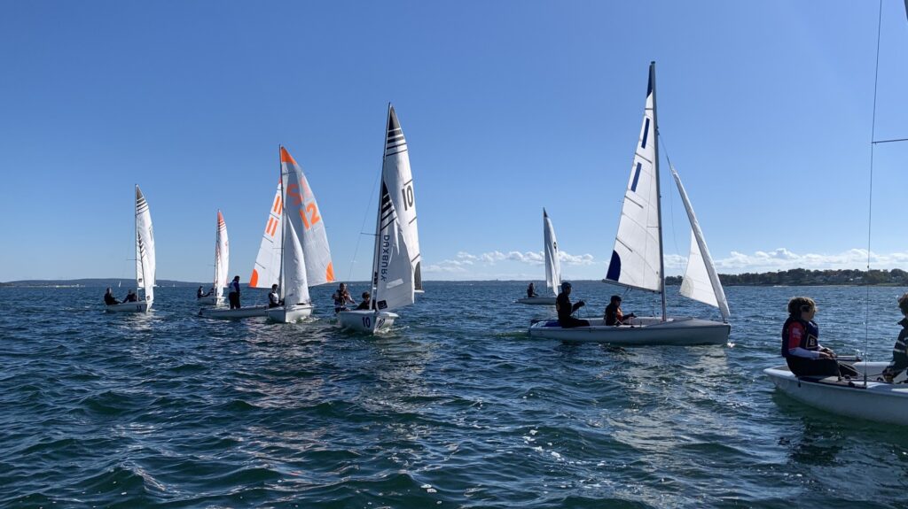 A group of small sailboats with people aboard are sailing on a calm, sunny day. The water is blue, and the sky is clear. The boats have different numbered sails, and land is visible in the background.