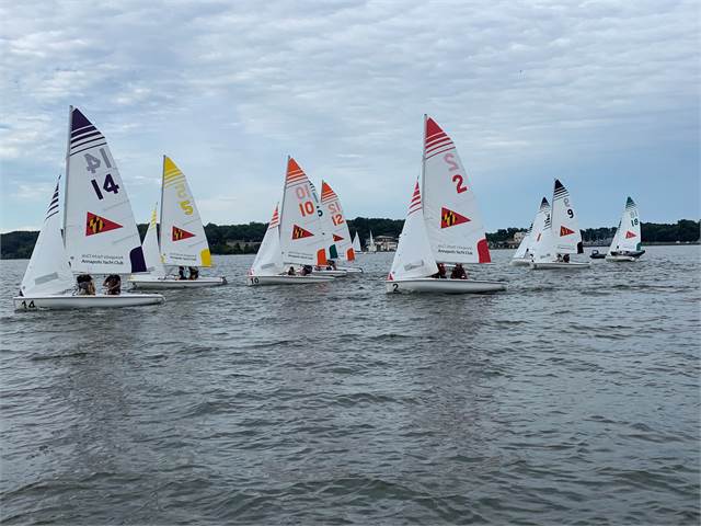 Several small sailboats with colorful numbered sails race on a lake under a cloudy sky. Trees and shoreline are visible in the background. The water is calm, and each boat has one or two people aboard.