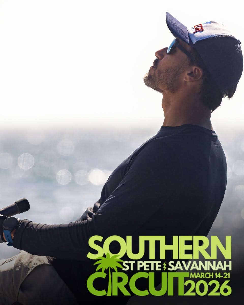 A man wearing sunglasses and a cap sits on a boat, looking upward. The text at the bottom reads: "Southern Circuit St Pete Savannah March 14-21 2026.
