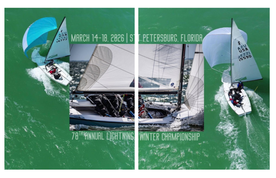 Three sailboats compete on green water in split-panel graphics. White text over the image reads: 'March 14–16, 2026 | St. Petersburg, Florida | 78th Annual Lightning Winter Championship.