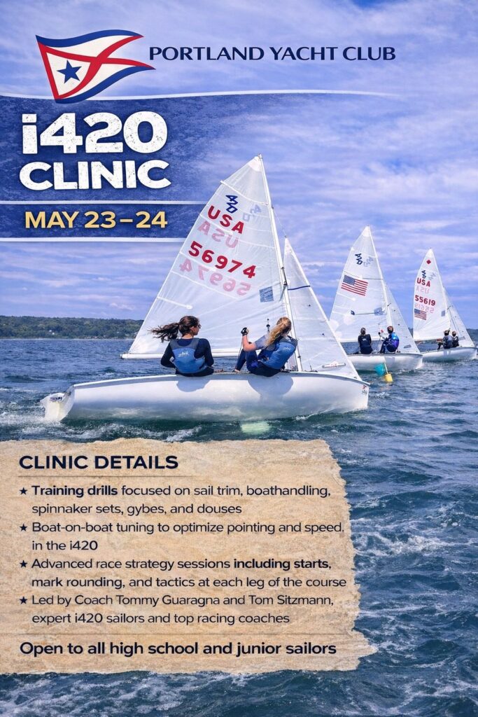 Four small sailboats with young sailors navigate on open water under a clear blue sky. Text on the image promotes the Portland Yacht Club i420 Clinic, with key details and dates highlighted.
