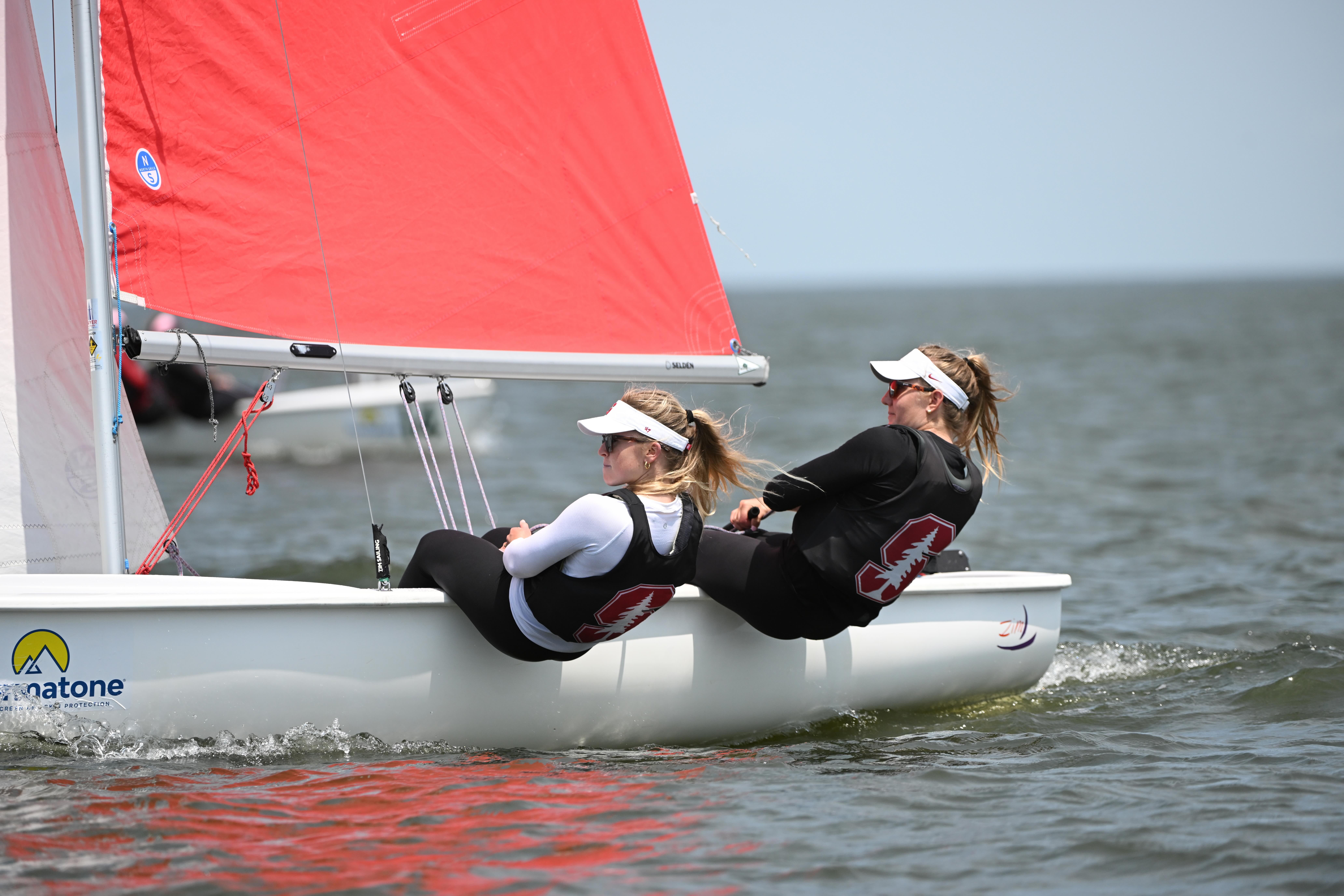 Two sailors wearing matching gear lean out of a small sailboat with a bright red sail, racing across the water on a sunny day.