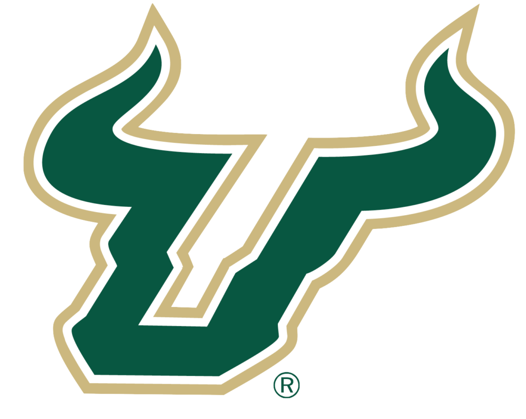 Green and gold stylized bull head logo forming the letter 'U' for the University of South Florida (USF), with a registered trademark symbol at the bottom right.