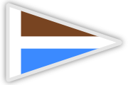 A triangular pennant with a brown upper section, a blue lower section, and a thick white horizontal stripe through the middle, all outlined with a thin white border.