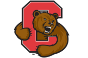 A fierce brown bear with an open mouth is emerging through a large red letter 'C,' wrapping one paw around the side. The image represents the Cornell University mascot.